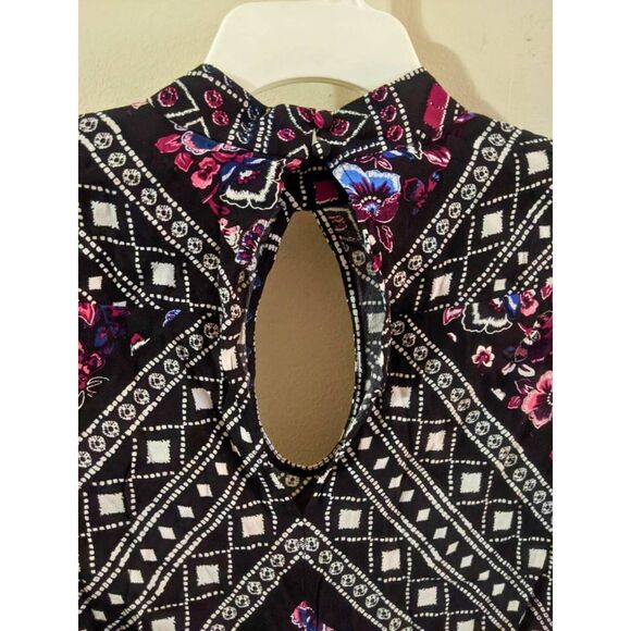 Express Tunic Mini Dress Women's Size XS Black Floral Boho Geometric Keyhole - Picture 8 of 10